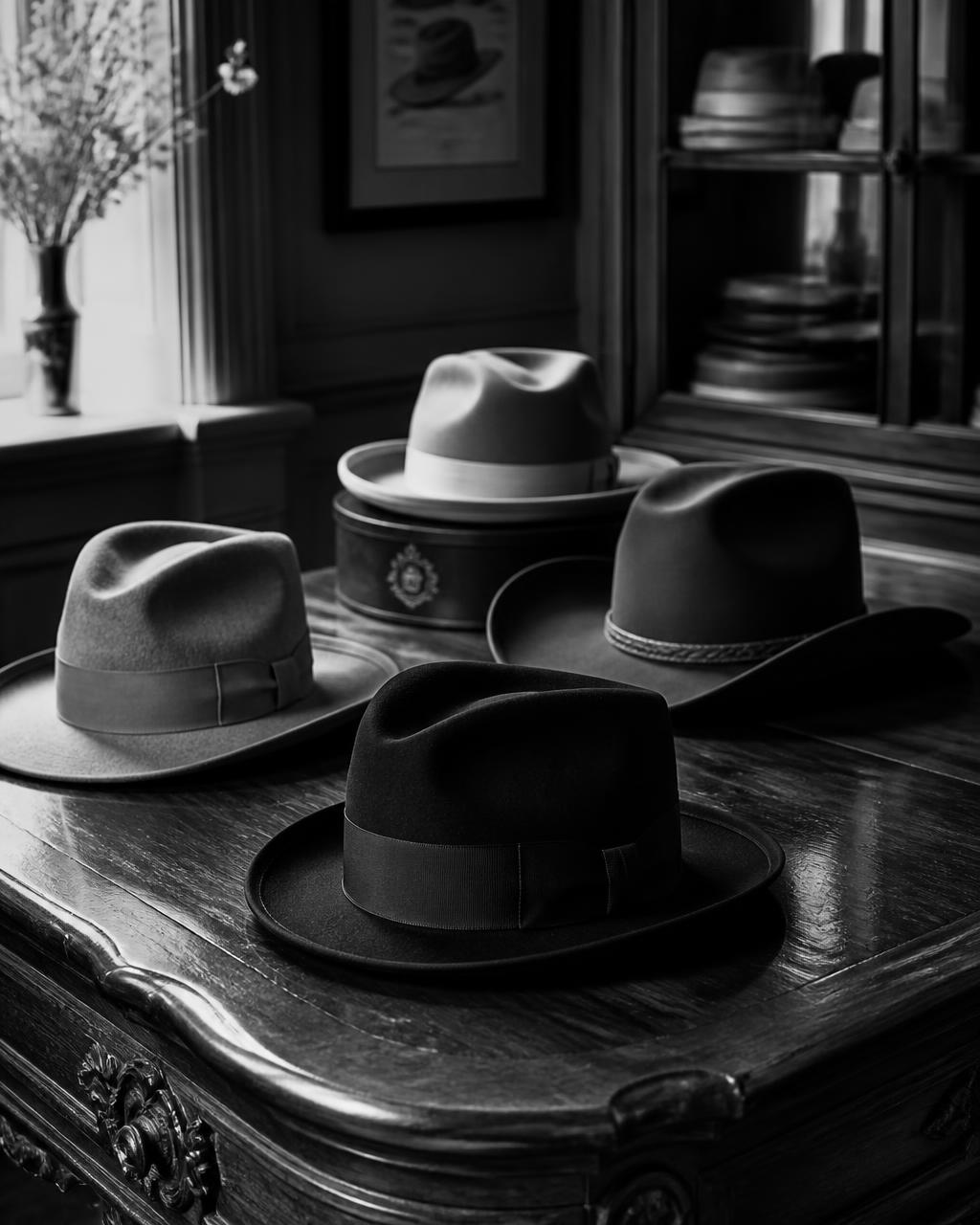 Elegant hats arranged on a polished wooden table for a custom consultation