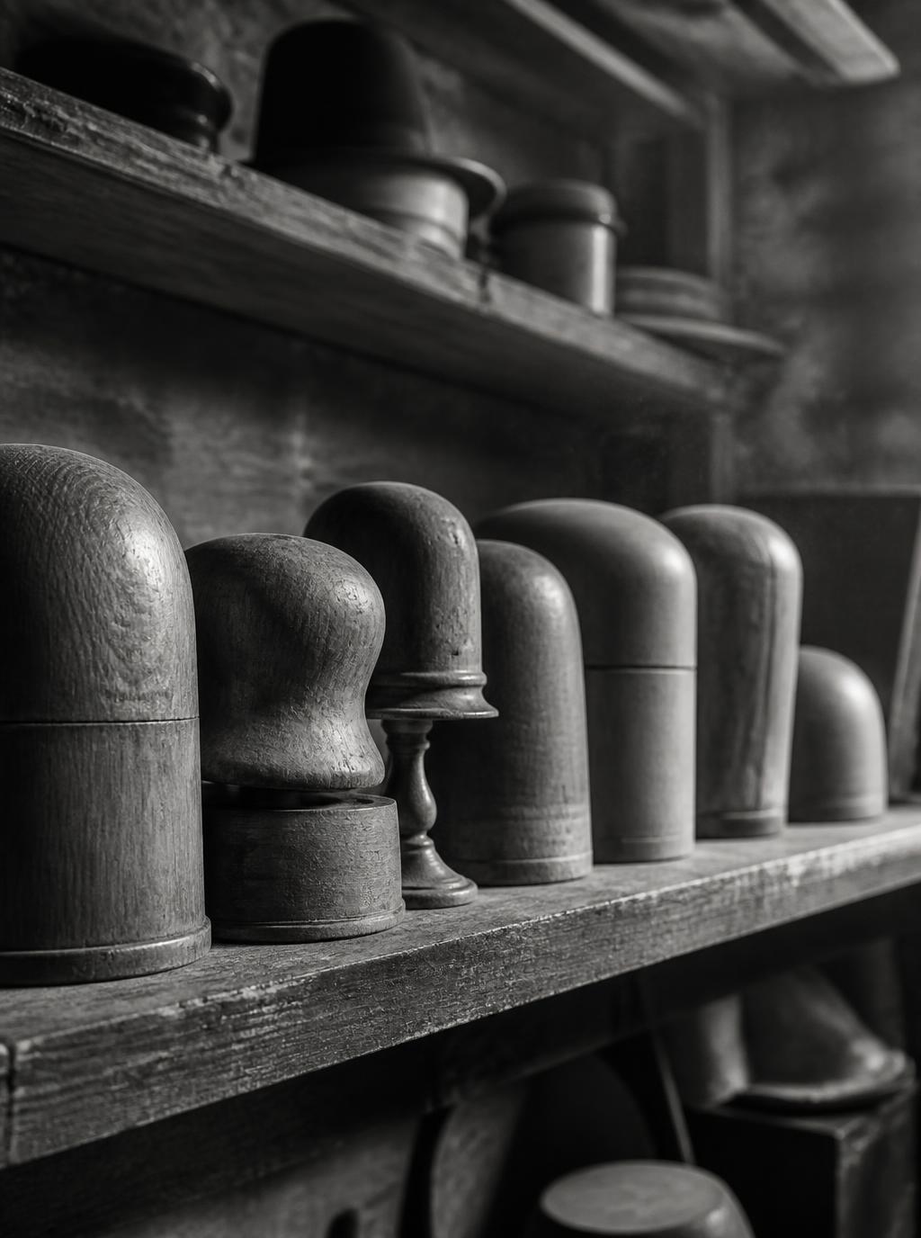 Wooden hat blocks lined along an atelier shelf