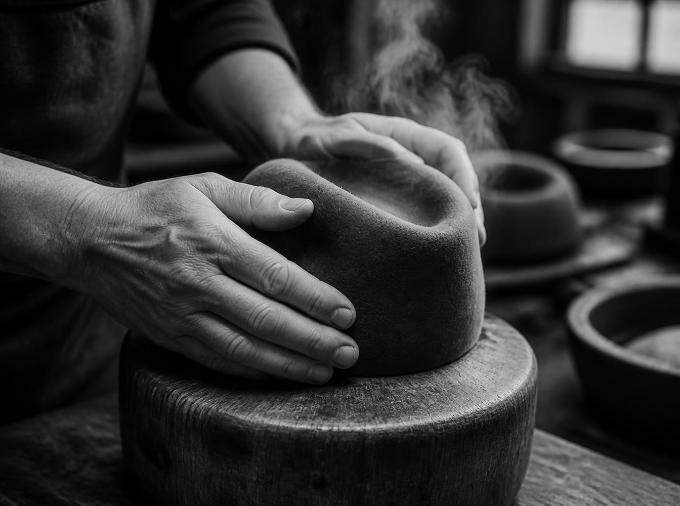 Hatmaker shaping a felt crown by hand over rising steam